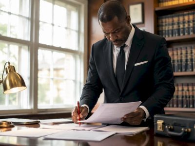Lawyer reviewing documents in law office
